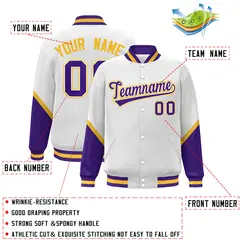 White Purple Varsity Full-Snap Color Block Letterman Baseball Jacket 2