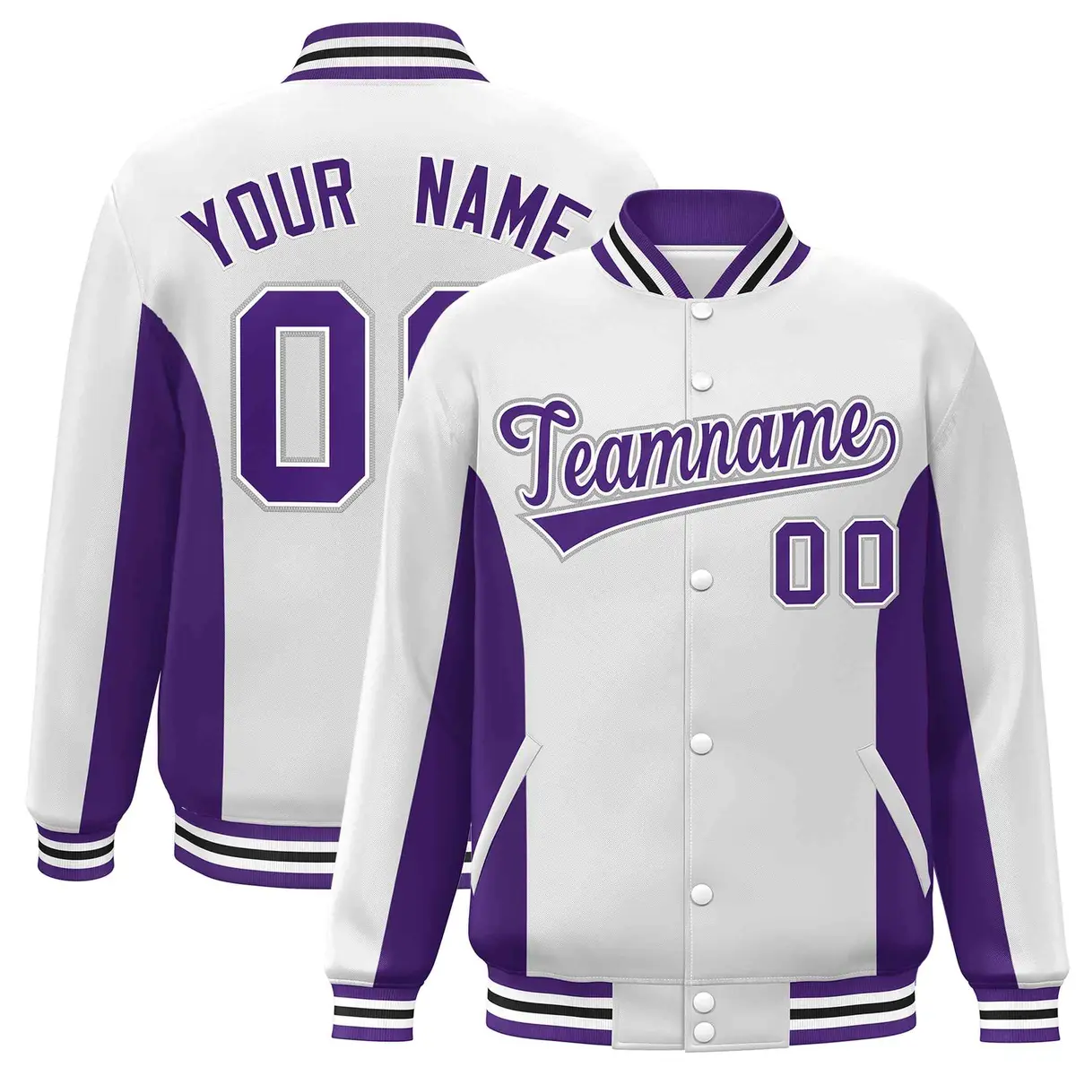 White Purple Varsity Full-Snap Color Block Letterman Baseball Jacket