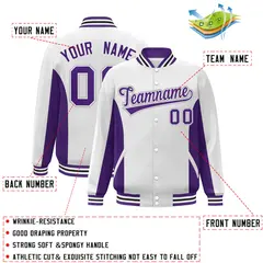 White Purple Varsity Full-Snap Color Block Letterman Baseball Jacket 2