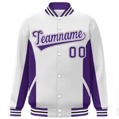 White Purple Varsity Full-Snap Color Block Letterman Baseball Jacket 3