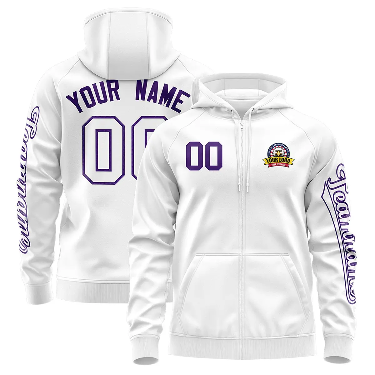 White Purple Varsity Full-Zip Letterman Jacket Hoodie
