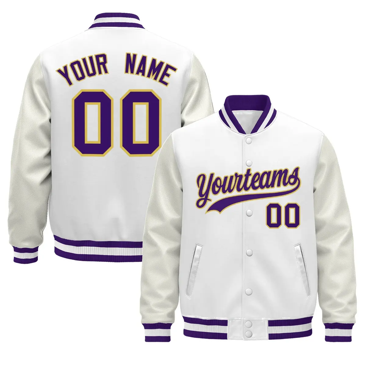 White Purple Varsity Jacket with Faux Leather Sleeves