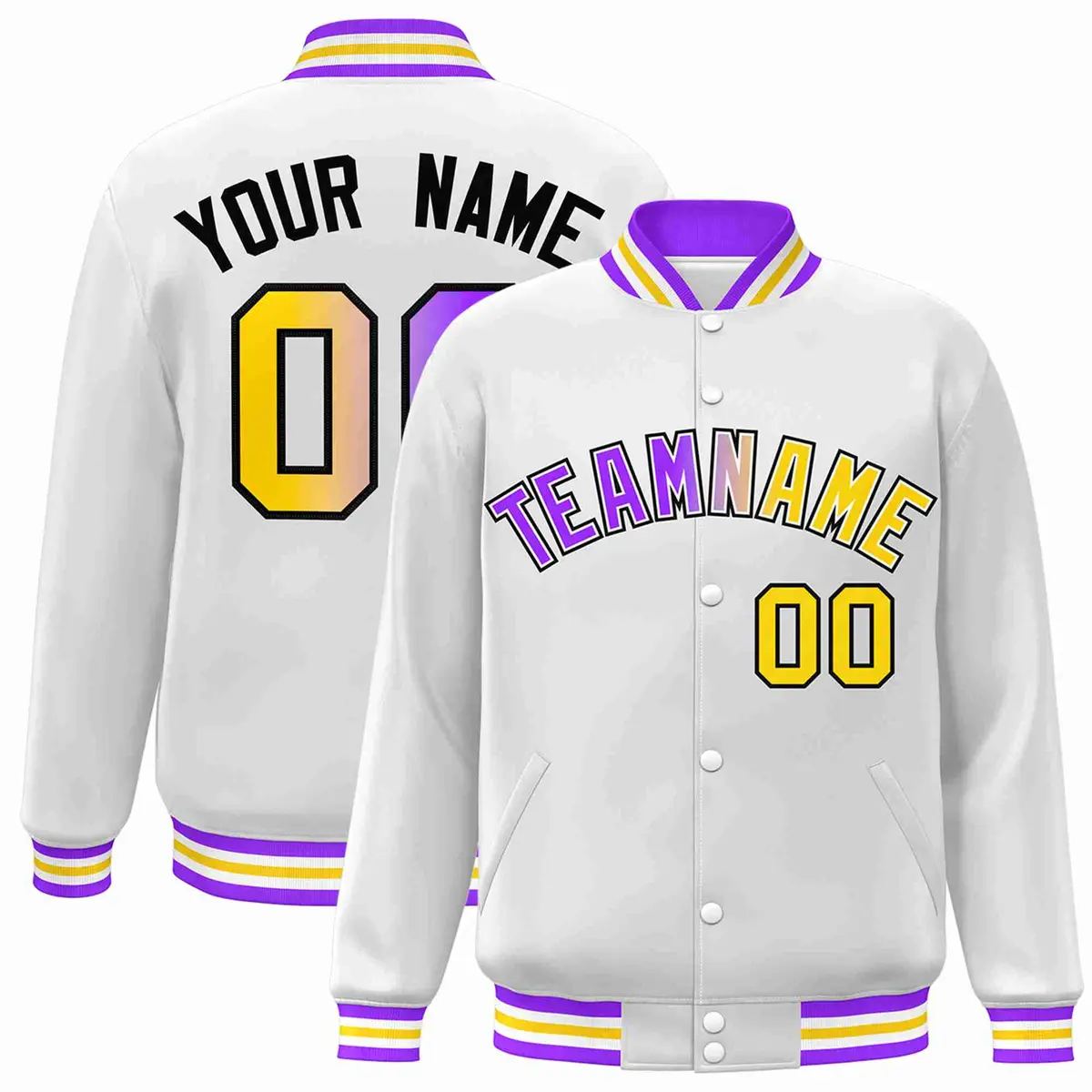 White Purple-White Gradient Varsity Letterman Bomber Jacket