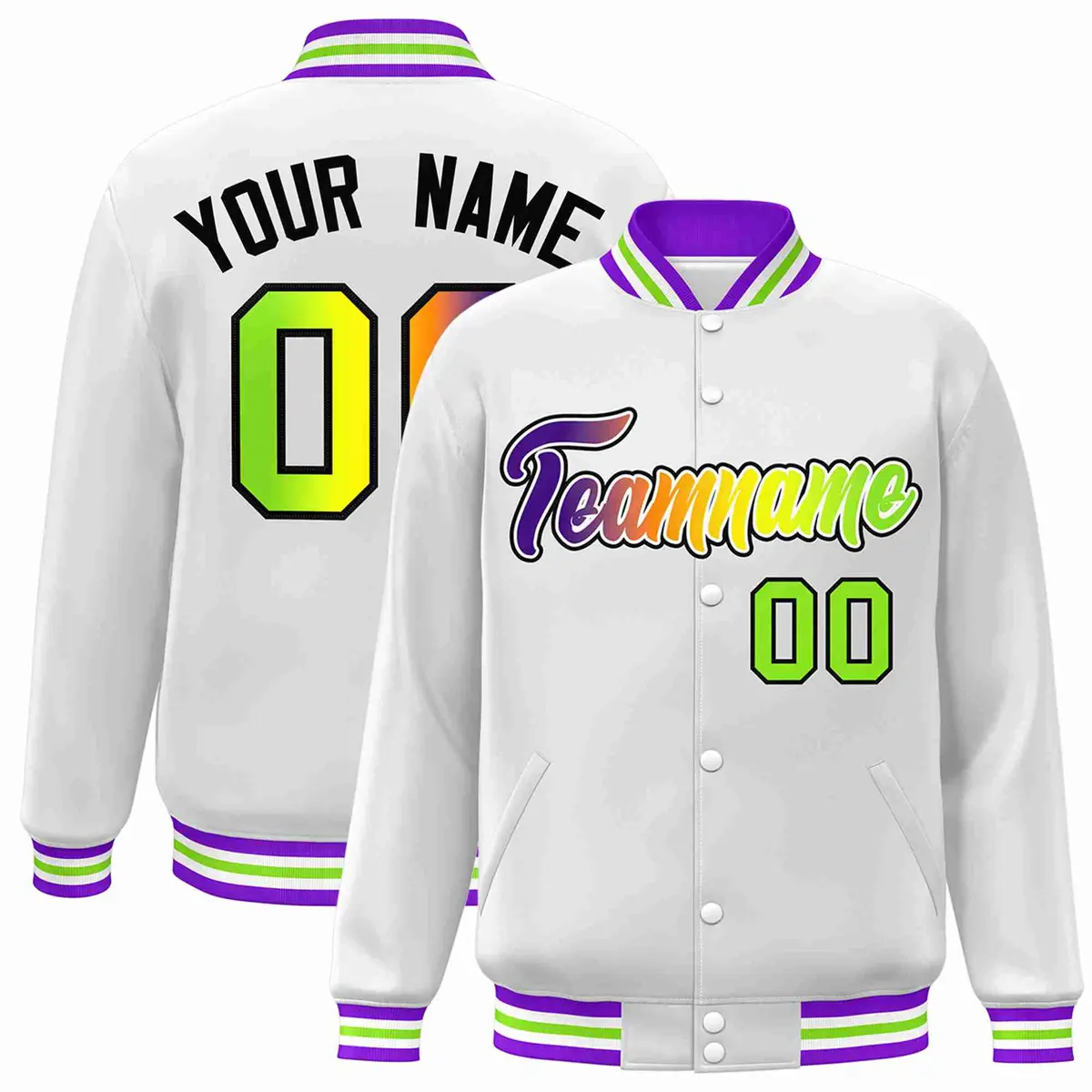 White Purple-White Gradient Varsity Letterman Bomber Jacket
