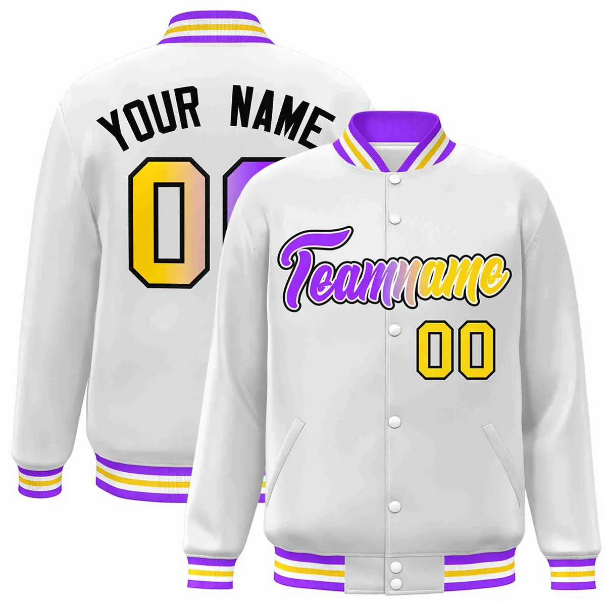 White Purple-White Gradient Varsity Letterman Bomber Jacket