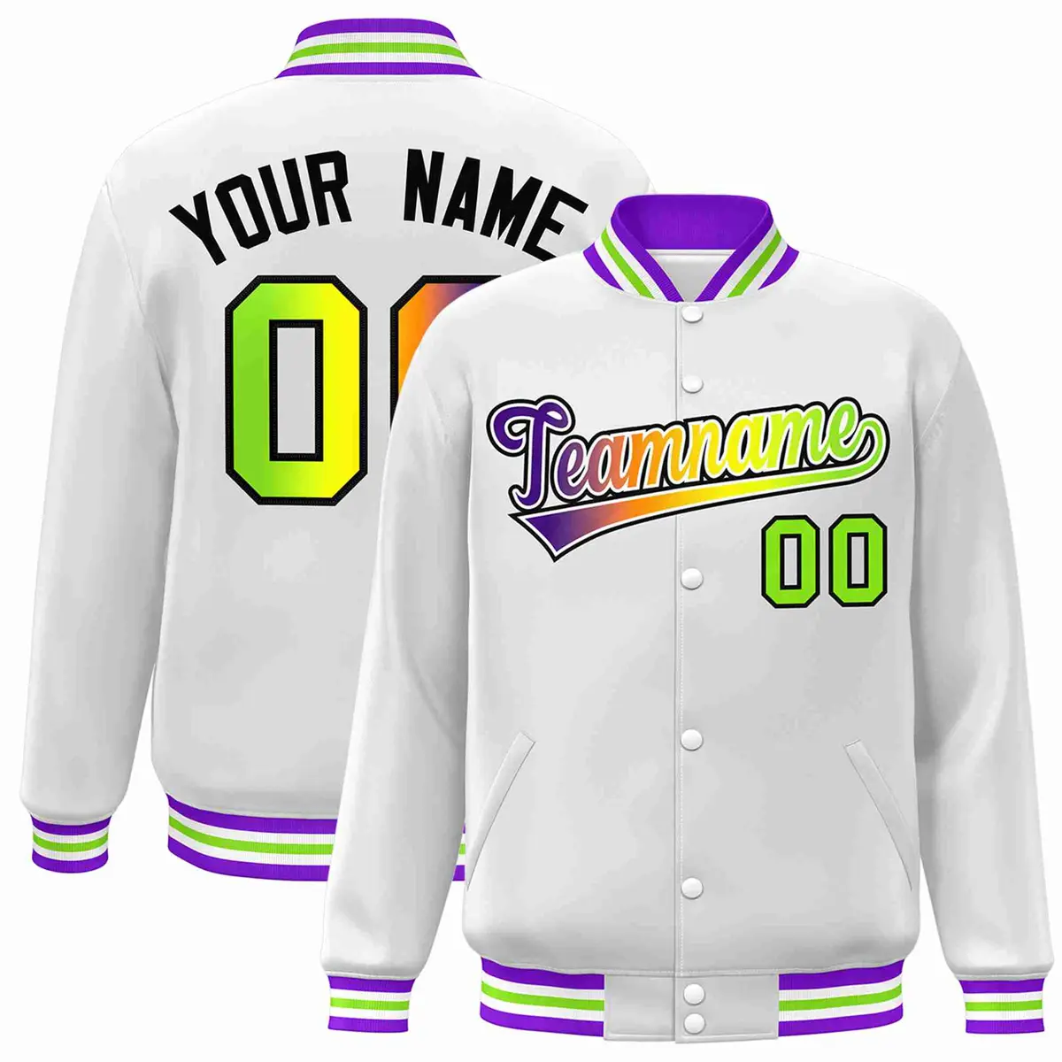 White Purple-White Gradient Varsity Letterman Bomber Jacket