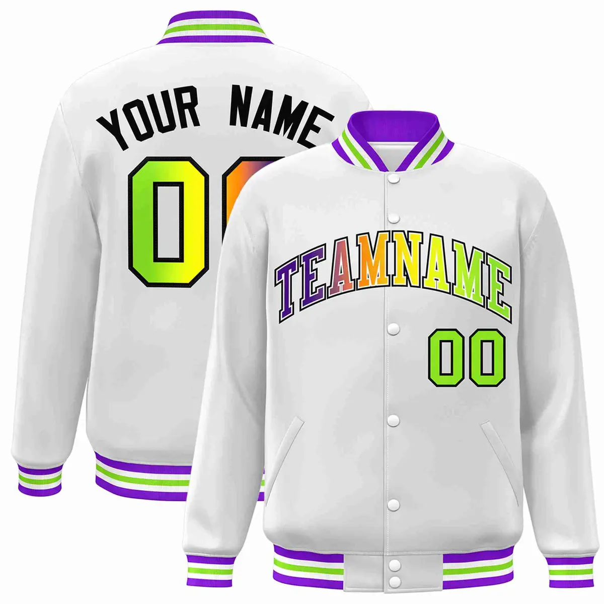 White Purple-White Gradient Varsity Letterman Bomber Jacket
