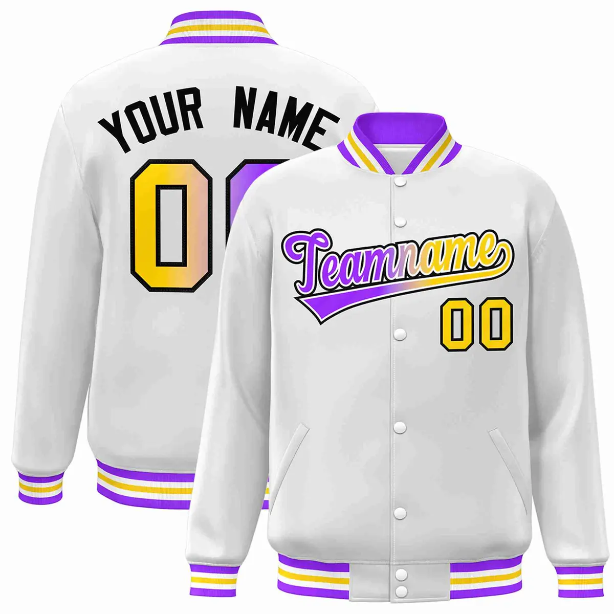 White Purple-White Gradient Varsity Letterman Bomber Jacket
