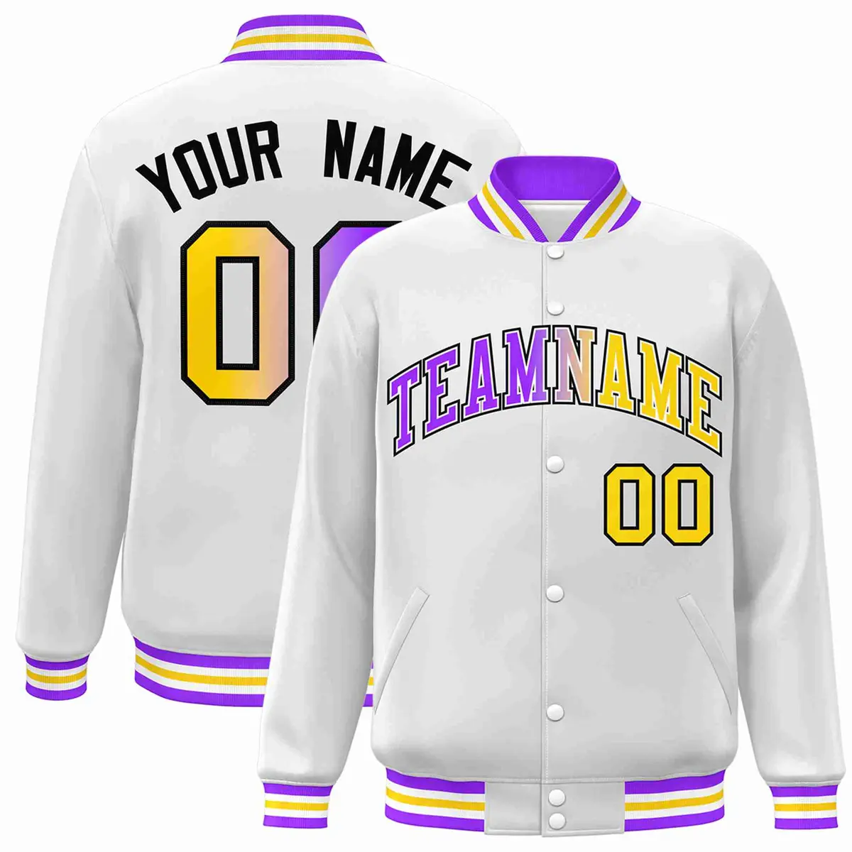 White Purple-White Gradient Varsity Letterman Bomber Jacket