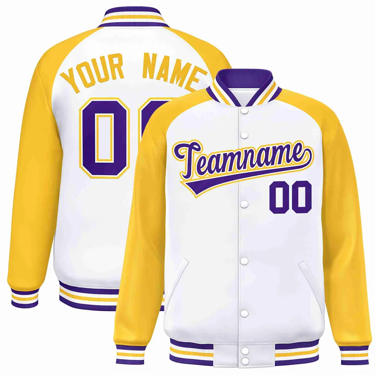 White Purple-White Raglan Varsity Letterman Full-Snap Jacket