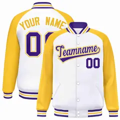 White Purple-White Raglan Varsity Letterman Full-Snap Jacket