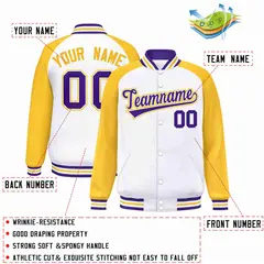 White Purple-White Raglan Varsity Letterman Full-Snap Jacket 2