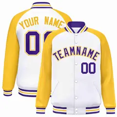 White Purple-White Raglan Varsity Letterman Full-Snap Jacket