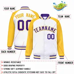 White Purple-White Raglan Varsity Letterman Full-Snap Jacket 2