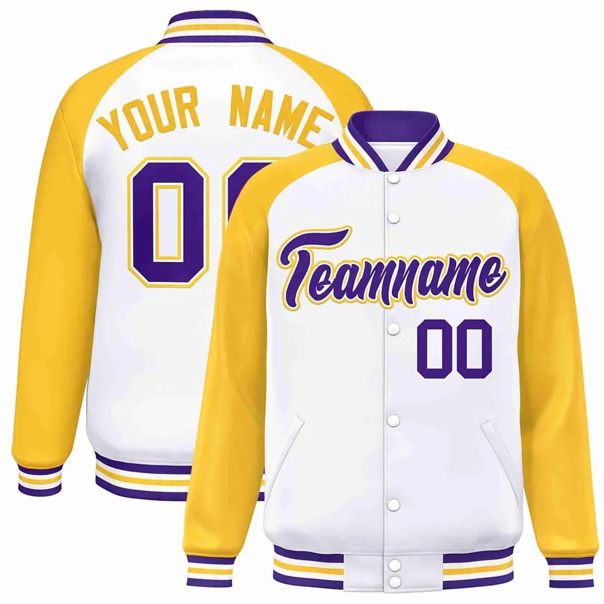 White Purple-White Raglan Varsity Letterman Full-Snap Jacket