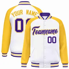 White Purple-White Raglan Varsity Letterman Full-Snap Jacket