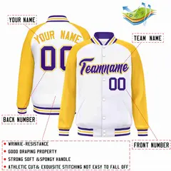 White Purple-White Raglan Varsity Letterman Full-Snap Jacket 2