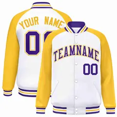 White Purple-White Raglan Varsity Letterman Full-Snap Jacket
