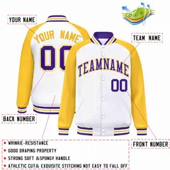 White Purple-White Raglan Varsity Letterman Full-Snap Jacket 2