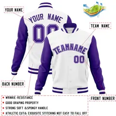 White Purple-White Raglan Varsity Letterman Full-Snap Jacket 4