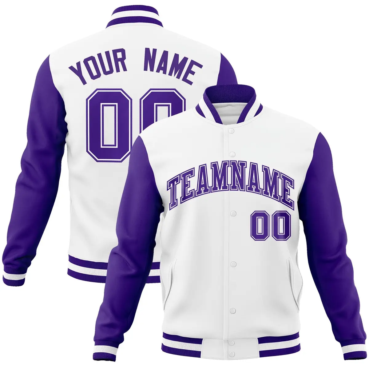 White Purple-White Raglan Varsity Letterman Full-Snap Jacket