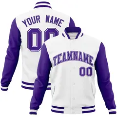 White Purple-White Raglan Varsity Letterman Full-Snap Jacket