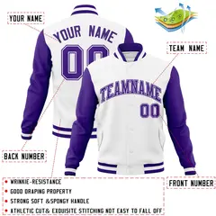 White Purple-White Raglan Varsity Letterman Full-Snap Jacket 4