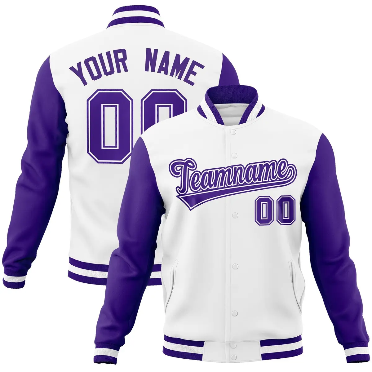 White Purple-White Raglan Varsity Letterman Full-Snap Jacket