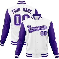 White Purple-White Raglan Varsity Letterman Full-Snap Jacket