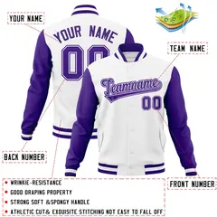 White Purple-White Raglan Varsity Letterman Full-Snap Jacket 4