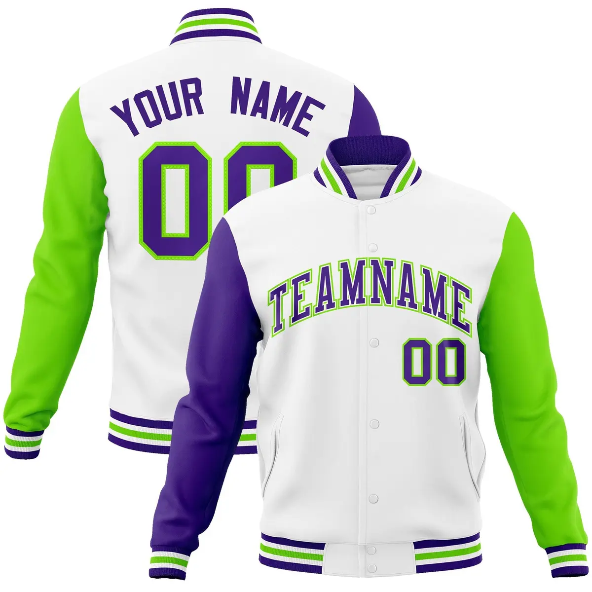 White Purple-White Raglan Varsity Letterman Full-Snap Jacket