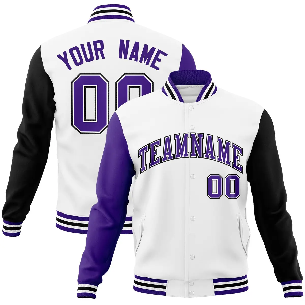 White Purple-White Raglan Varsity Letterman Full-Snap Jacket
