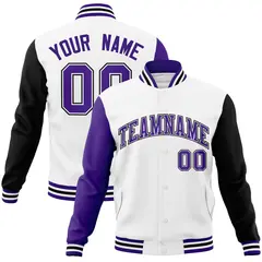 White Purple-White Raglan Varsity Letterman Full-Snap Jacket 1