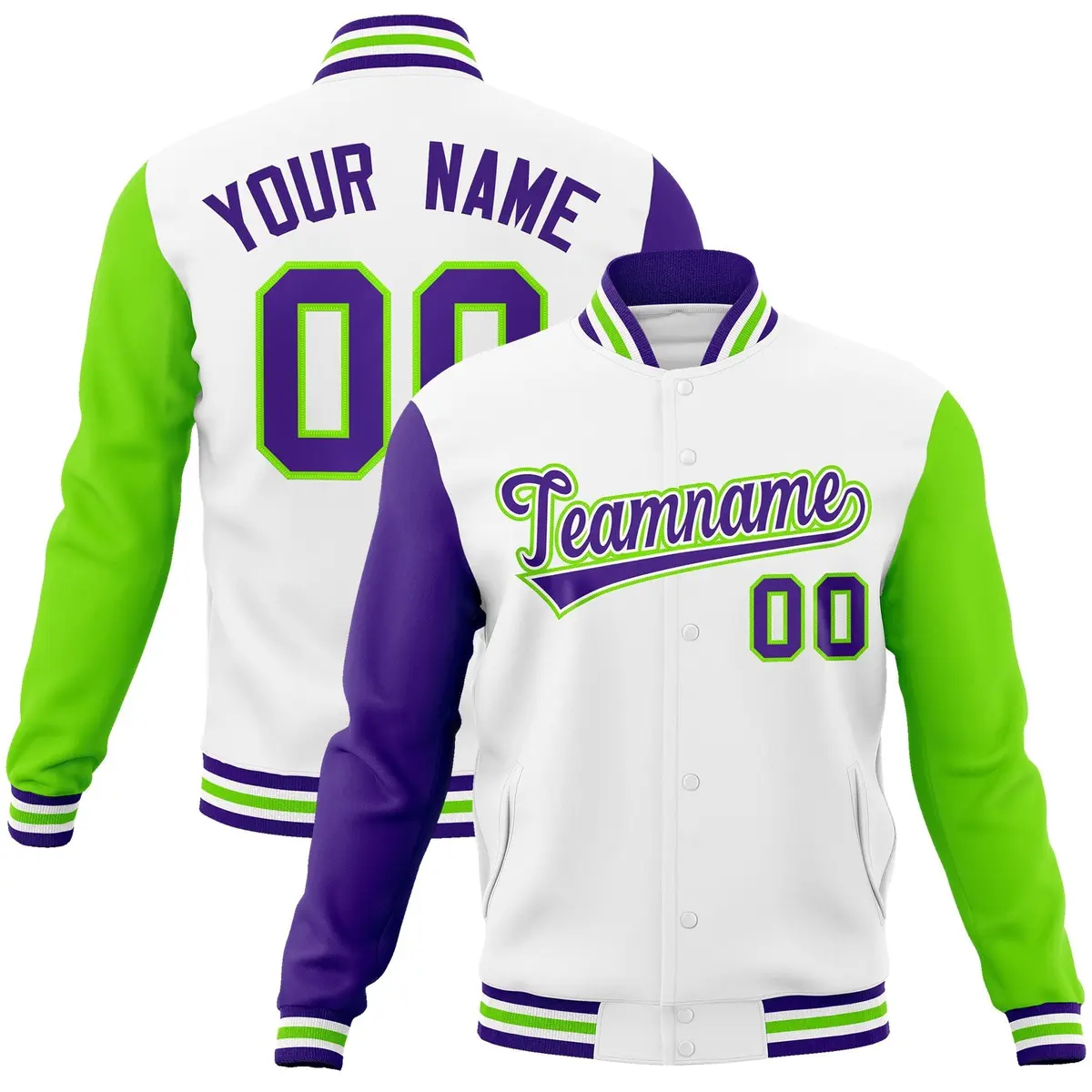 White Purple-White Raglan Varsity Letterman Full-Snap Jacket