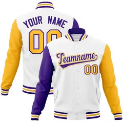 White Purple-White Raglan Varsity Letterman Full-Snap Jacket 1