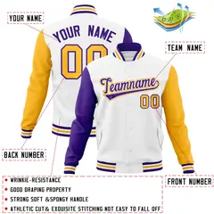 White Purple-White Raglan Varsity Letterman Full-Snap Jacket 4
