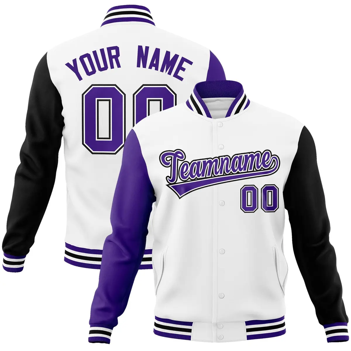 White Purple-White Raglan Varsity Letterman Full-Snap Jacket