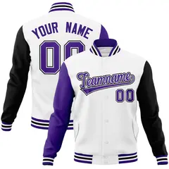 White Purple-White Raglan Varsity Letterman Full-Snap Jacket 1