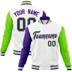 White Purple-White Raglan Varsity Letterman Full-Snap Jacket 1