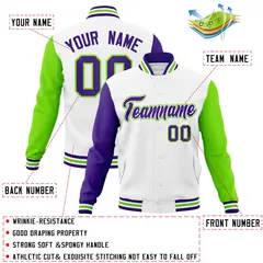 White Purple-White Raglan Varsity Letterman Full-Snap Jacket 4