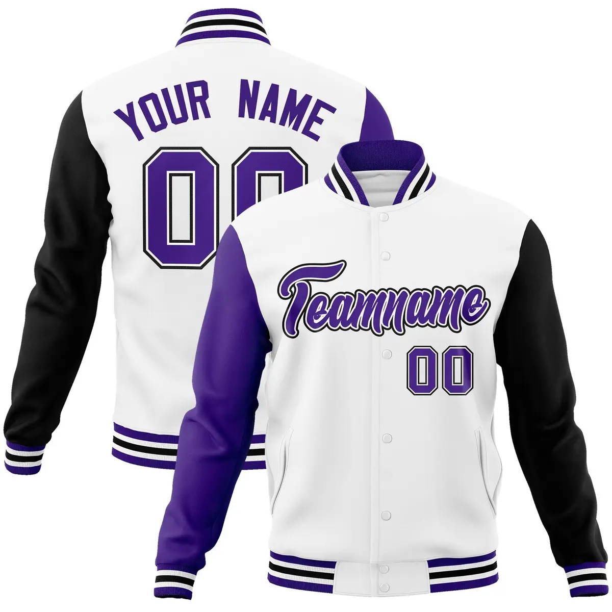 White Purple-White Raglan Varsity Letterman Full-Snap Jacket
