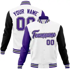 White Purple-White Raglan Varsity Letterman Full-Snap Jacket 1