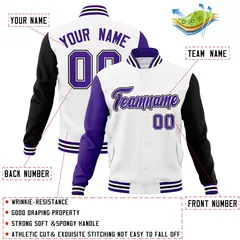 White Purple-White Raglan Varsity Letterman Full-Snap Jacket 4