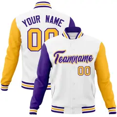 White Purple-White Raglan Varsity Letterman Full-Snap Jacket 1