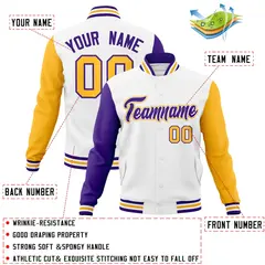 White Purple-White Raglan Varsity Letterman Full-Snap Jacket 4