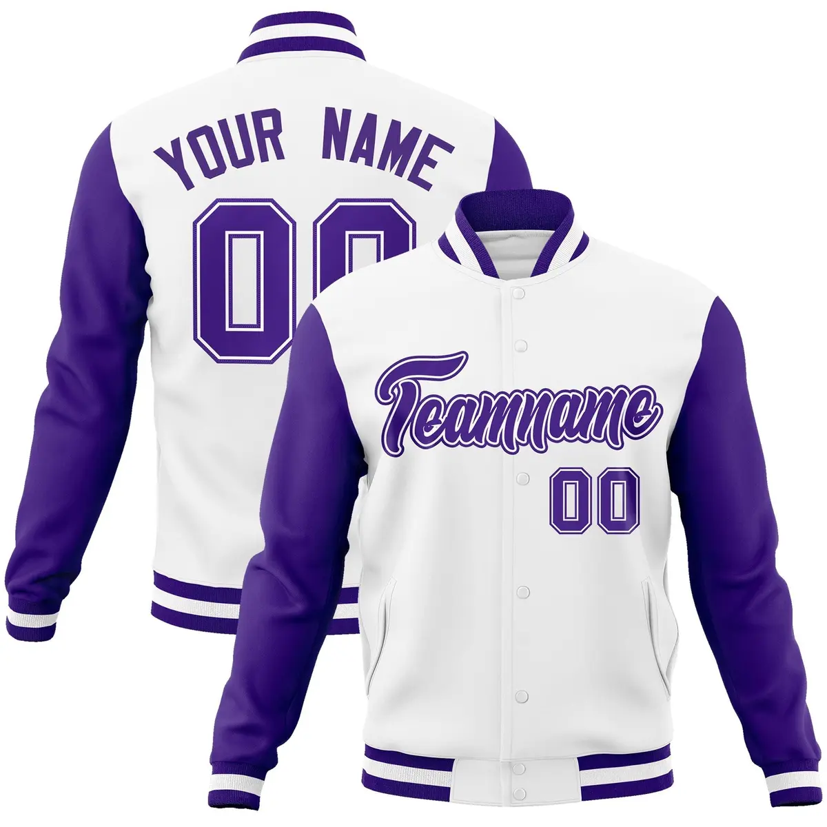 White Purple-White Raglan Varsity Letterman Full-Snap Jacket