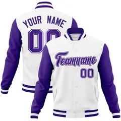 White Purple-White Raglan Varsity Letterman Full-Snap Jacket 1