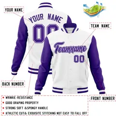 White Purple-White Raglan Varsity Letterman Full-Snap Jacket 4