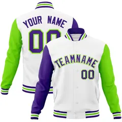 White Purple-White Raglan Varsity Letterman Full-Snap Jacket 1