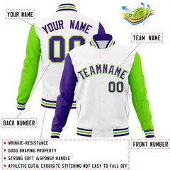 White Purple-White Raglan Varsity Letterman Full-Snap Jacket 4